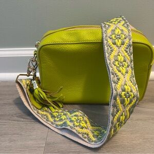 Lime Green Crossbody Bag with Patterned Strap